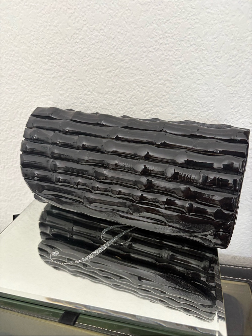 J. McLaughlin black lacquered bamboo clutch with magnetic closure